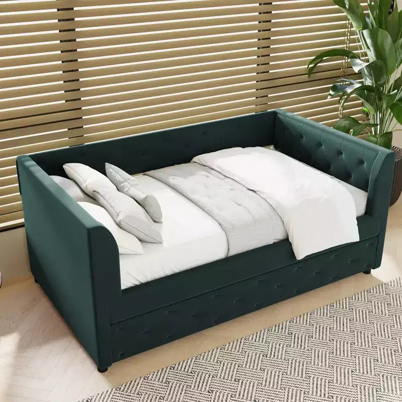 Lit de repos une place Bellemave en velours avec lit gigogne, cadre de lit plateforme avec accoudoirs pour salon, vert
