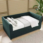 Lit de repos une place Bellemave en velours avec lit gigogne, cadre de lit plateforme avec accoudoirs pour salon, vert