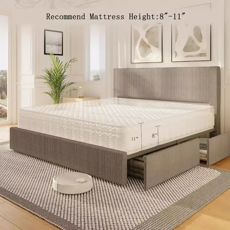 Cadre de lit en velours côtelé - Plateforme rembourrée avec 4 tiroirs de rangement, pas besoin de sommier tapissier