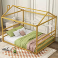 Bellemave Metal Queen Size Floor Bed for Kids,Montessori Floor Bed with Roof,House Bed Frame Queen for Boys Girls, Gold