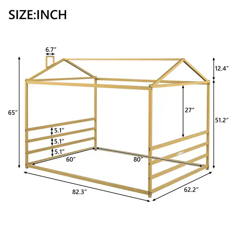 Bellemave Lit de sol Queen Size en métal pour enfants, Lit de sol Montessori avec toit, Cadre de lit maison Queen pour garçons et filles, Or