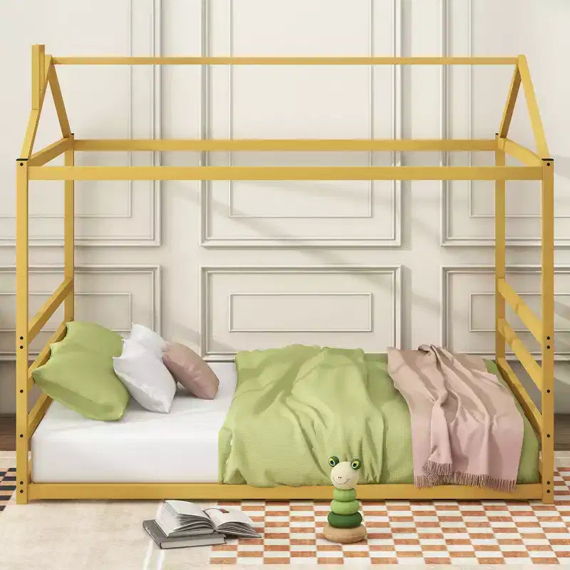 Bellemave Lit de sol Queen Size en métal pour enfants, Lit de sol Montessori avec toit, Cadre de lit maison Queen pour garçons et filles, Or