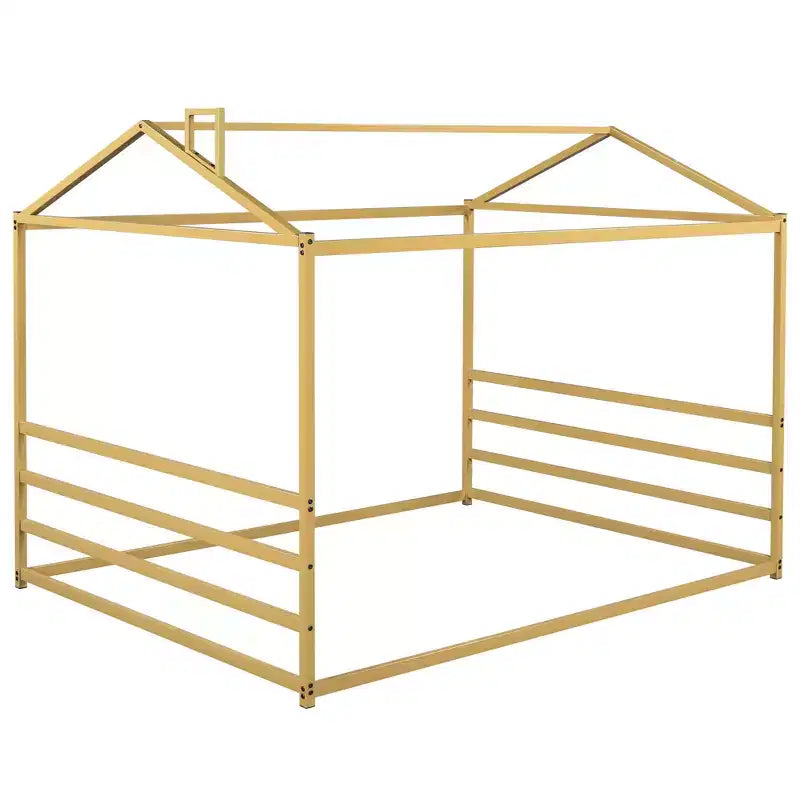 Bellemave Lit de sol Queen Size en métal pour enfants, Lit de sol Montessori avec toit, Cadre de lit maison Queen pour garçons et filles, Or