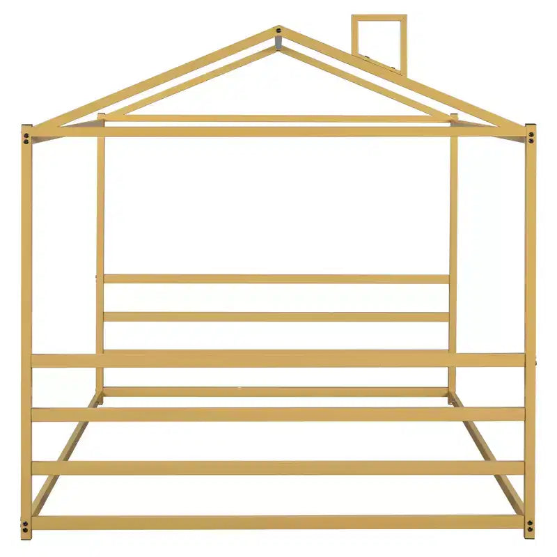 Bellemave Lit de sol Queen Size en métal pour enfants, Lit de sol Montessori avec toit, Cadre de lit maison Queen pour garçons et filles, Or