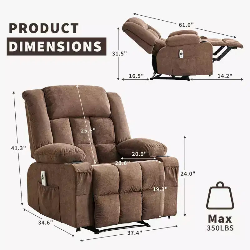 Fauteuil inclinable manuel large GustoWave avec massage chauffant - Fauteuil inclinable individuel surrembourré avec télécommande et 3 positions d'inclinaison