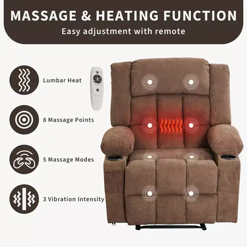 Fauteuil inclinable manuel large GustoWave avec massage chauffant - Fauteuil inclinable individuel surrembourré avec télécommande et 3 positions d'inclinaison