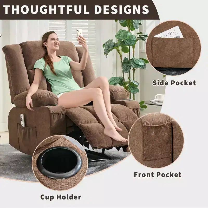 Fauteuil inclinable manuel large GustoWave avec massage chauffant - Fauteuil inclinable individuel surrembourré avec télécommande et 3 positions d'inclinaison