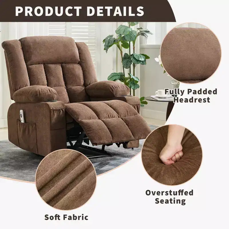 Fauteuil inclinable manuel large GustoWave avec massage chauffant - Fauteuil inclinable individuel surrembourré avec télécommande et 3 positions d'inclinaison