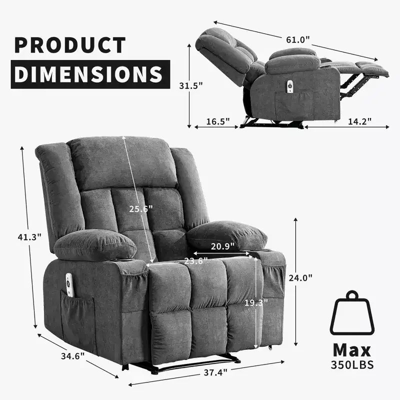 Fauteuil inclinable manuel large GustoWave avec massage chauffant - Fauteuil inclinable individuel surrembourré avec télécommande et 3 positions d'inclinaison