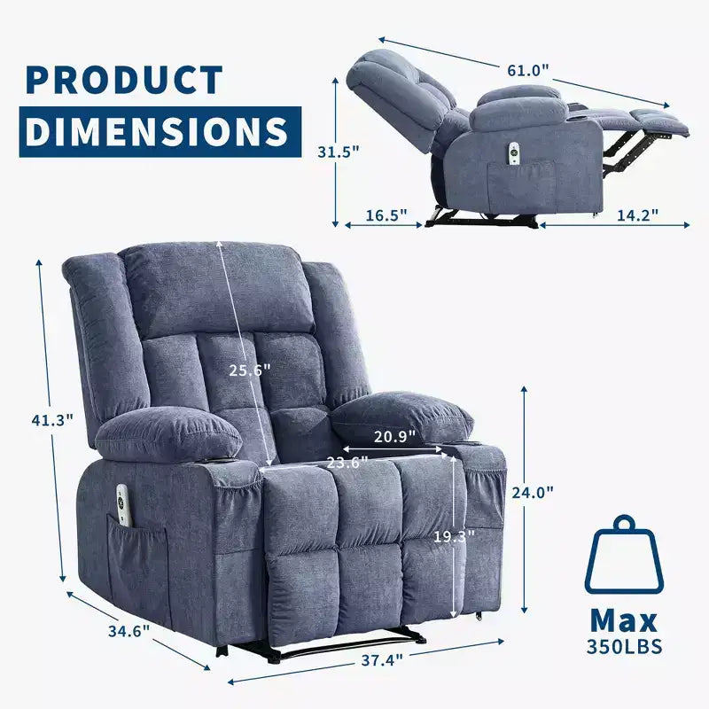 Fauteuil inclinable manuel large GustoWave avec massage chauffant - Fauteuil inclinable individuel surrembourré avec télécommande et 3 positions d'inclinaison