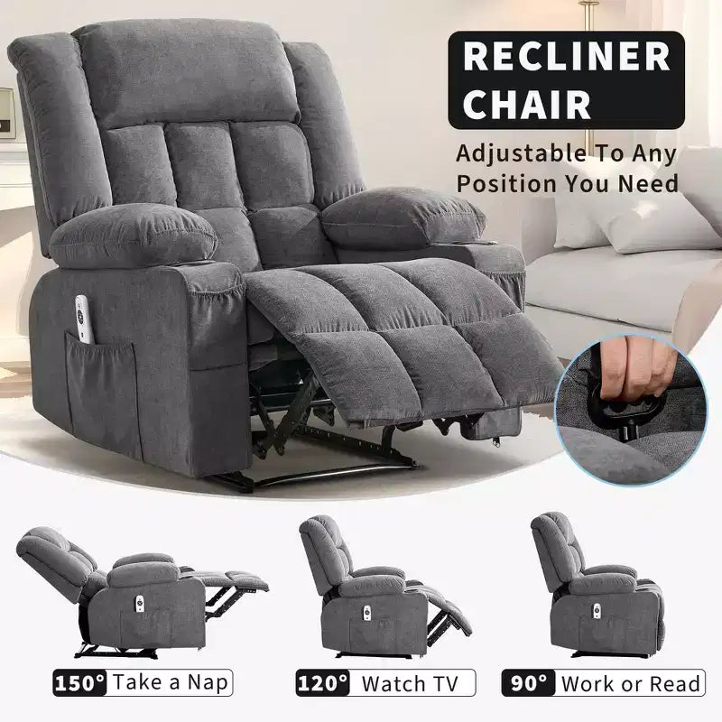 Fauteuil inclinable manuel large GustoWave avec massage chauffant - Fauteuil inclinable individuel surrembourré avec télécommande et 3 positions d'inclinaison