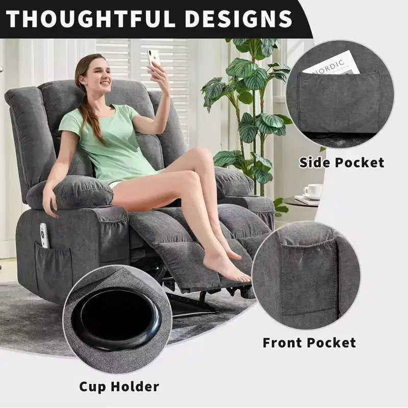 Fauteuil inclinable manuel large GustoWave avec massage chauffant - Fauteuil inclinable individuel surrembourré avec télécommande et 3 positions d'inclinaison