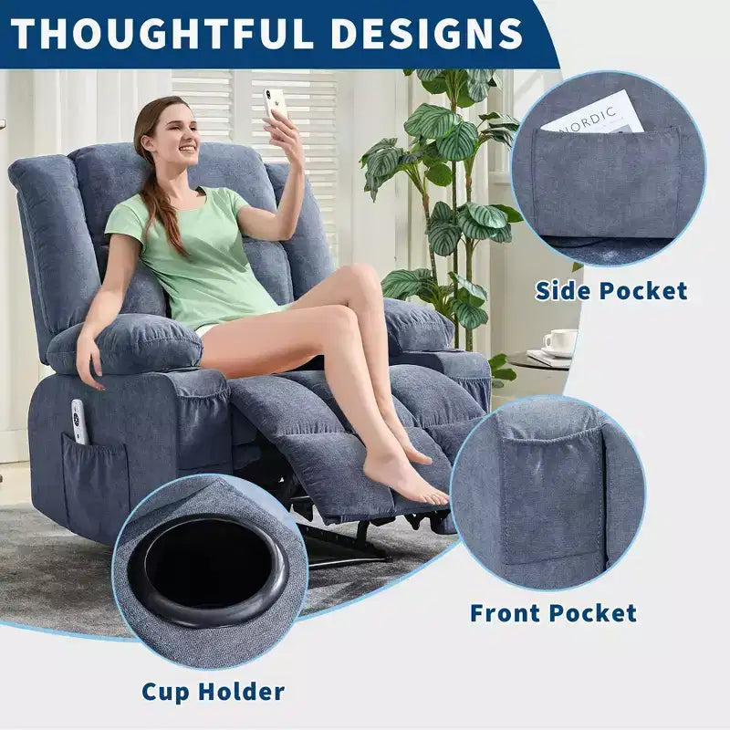 Fauteuil inclinable manuel large GustoWave avec massage chauffant - Fauteuil inclinable individuel surrembourré avec télécommande et 3 positions d'inclinaison