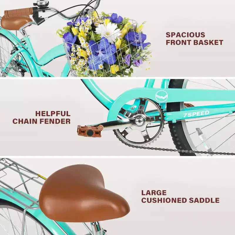 Hykolity Vélo de ville 26 pouces, 7 vitesses, pour femme, avec porte-bagages arrière, garde-boue avant et arrière en acier à haute teneur en carbone et panier