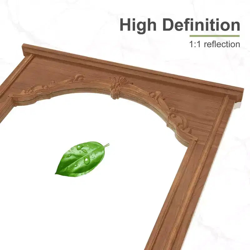 MAYEERTY Miroir pleine longueur en bois massif avec arche intérieure sculptée à angle droit, marron, 71x35x2 po, sans support