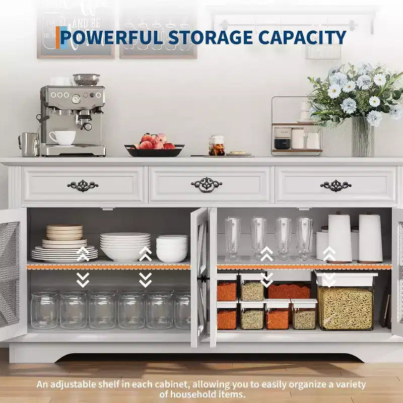 CuisinSmart 63 Buffet avec Rangement, 3 Tiroirs et 4 Portes de Grange en Maille, Table de Buffet Bar à Café Style Ferme Moderne avec Station de Charge
