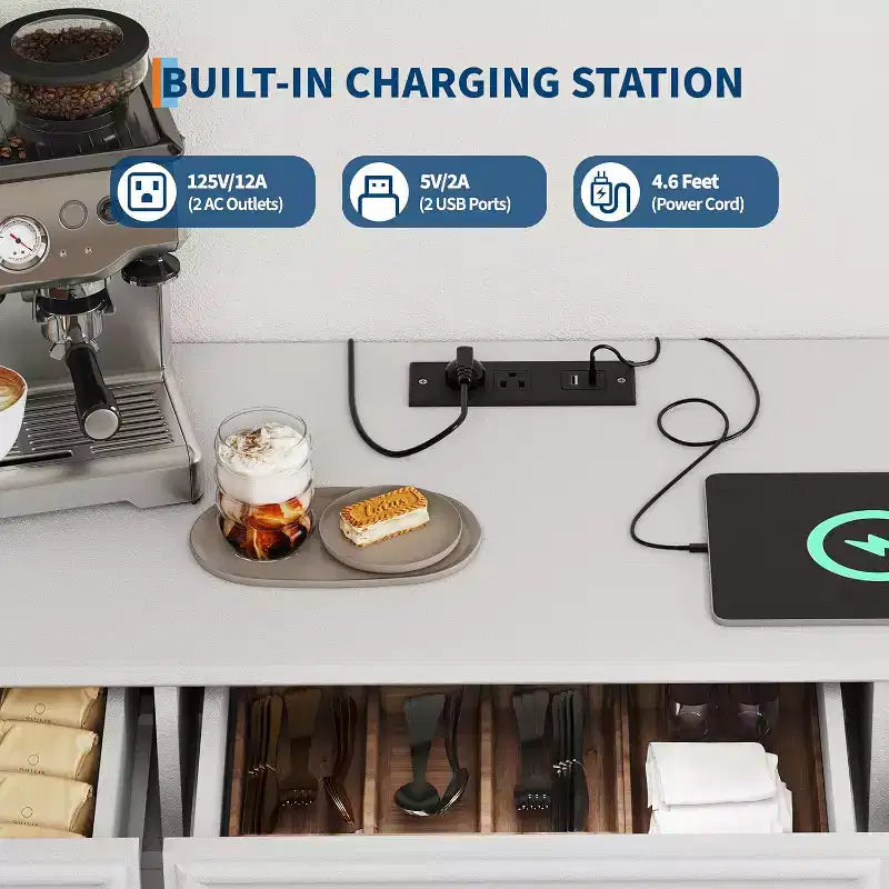 CuisinSmart 63 Buffet avec Rangement, 3 Tiroirs et 4 Portes de Grange en Maille, Table de Buffet Bar à Café Style Ferme Moderne avec Station de Charge