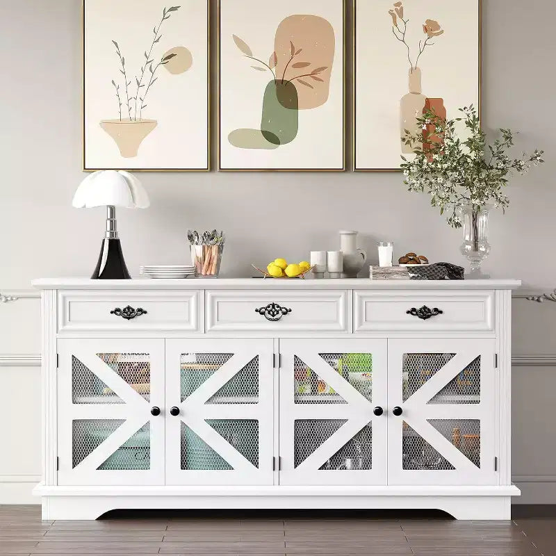 CuisinSmart 63 Buffet avec Rangement, 3 Tiroirs et 4 Portes de Grange en Maille, Table de Buffet Bar à Café Style Ferme Moderne avec Station de Charge