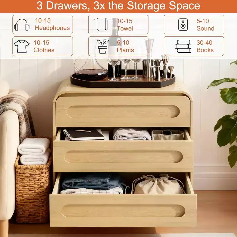Commode à 3 tiroirs pour chambre à coucher, commode de rangement en bois de 81 cm de large avec organisateur à tiroirs