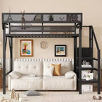 Lit mezzanine double avec escalier, lit mezzanine double en métal avec étagères de rangement, lit mezzanine haut avec armoire pour enfants et adolescents, noir