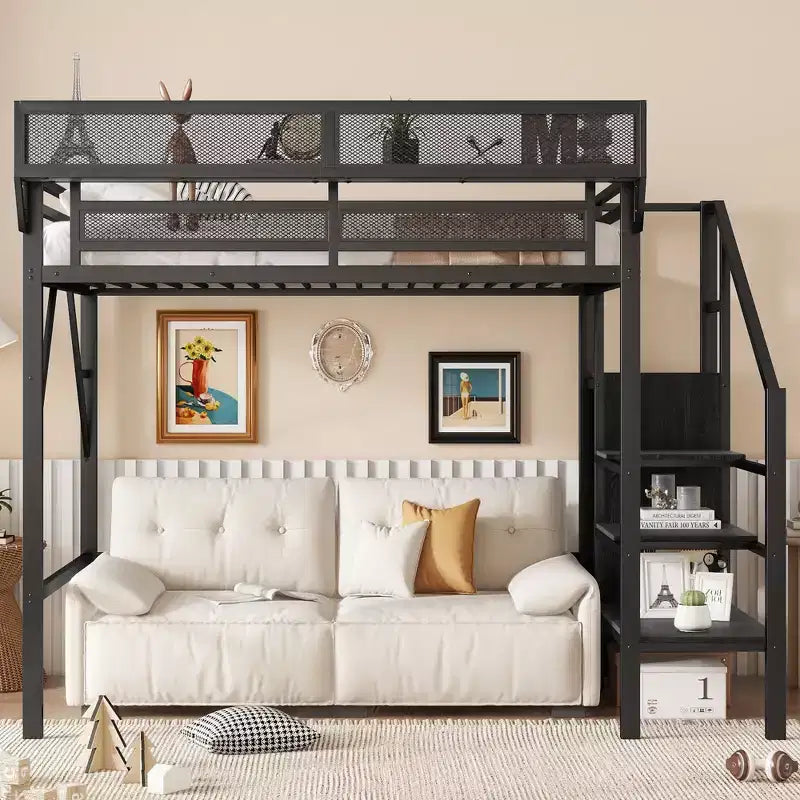 Lit mezzanine double avec escalier, lit mezzanine double en métal avec étagères de rangement, lit mezzanine haut avec armoire pour enfants et adolescents, noir