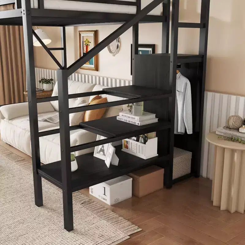Lit mezzanine double avec escalier, lit mezzanine double en métal avec étagères de rangement, lit mezzanine haut avec armoire pour enfants et adolescents, noir