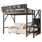 Lit mezzanine double avec escalier, lit mezzanine double en métal avec étagères de rangement, lit mezzanine haut avec armoire pour enfants et adolescents, noir