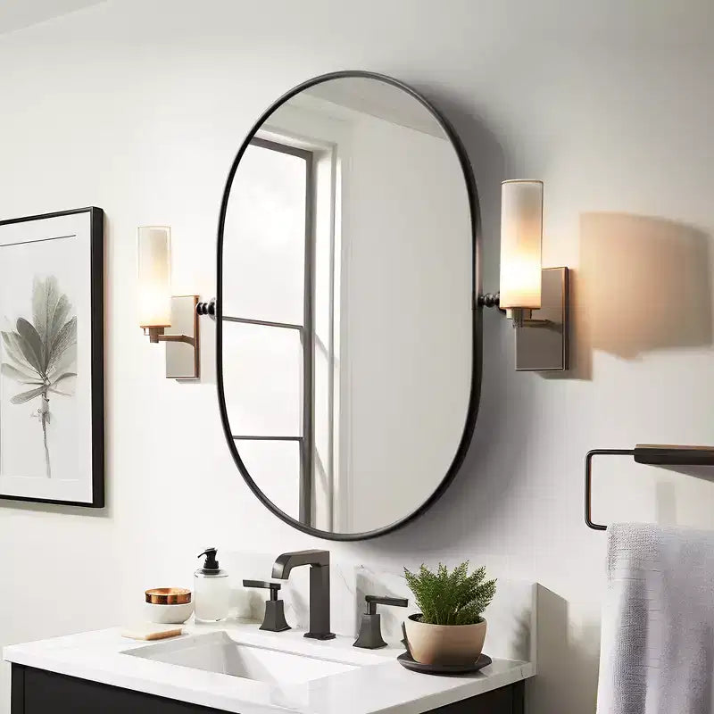 MAYEERTY Miroir suspendu en fer en forme de rail, quincaillerie noire 31x24x2in, double face