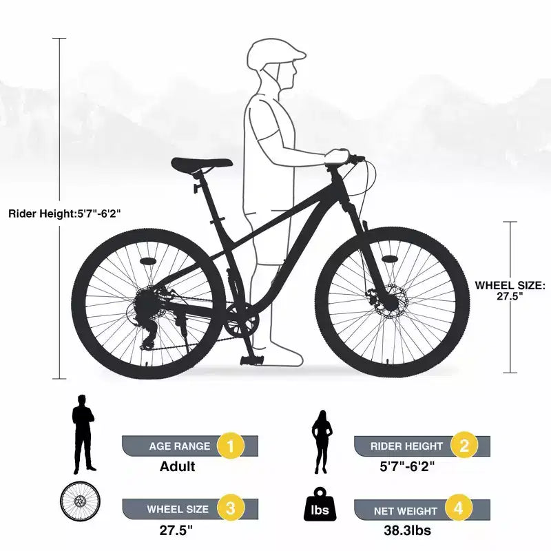 NAYSAYE VTT 27,5 pouces 8 vitesses avec suspension avant Cadre en acier durable pour hommes et femmes Aventures tout-terrain, Gris, 68,5*27,1*40,55