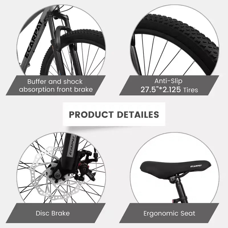 NAYSAYE Vélo VTT 27 pouces 21 vitesses avec fourche suspendue et freins à disque pour hommes et femmes, Gris, 70*27*39.5