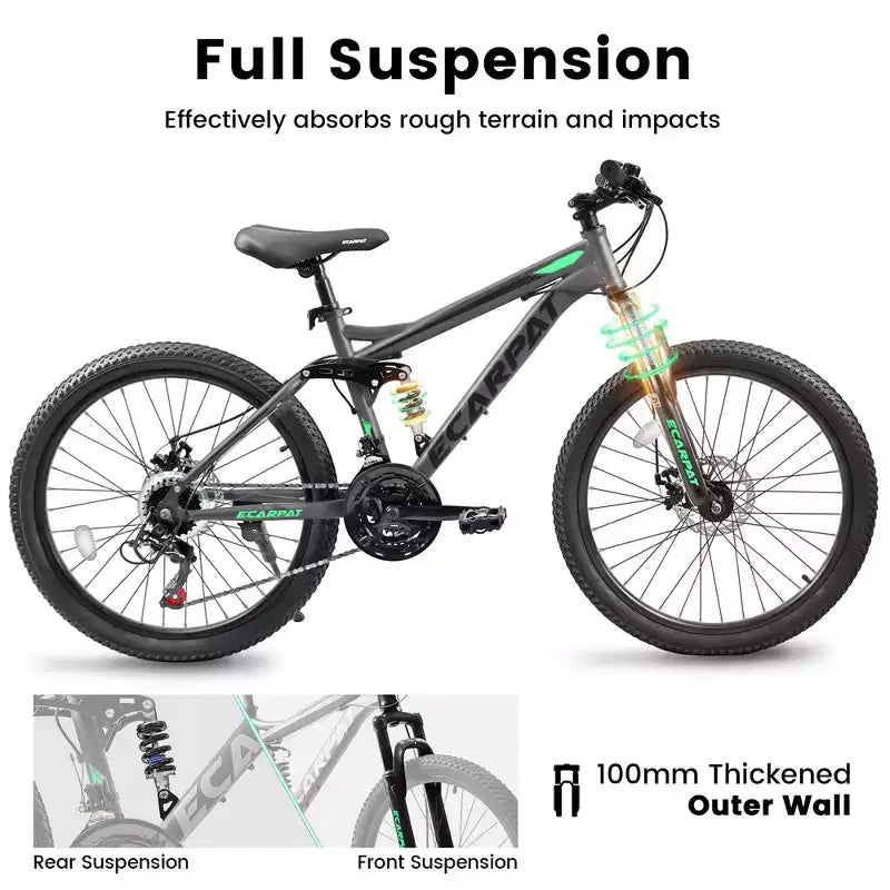 NAYSAYE Vélo VTT 26 pouces 21 vitesses avec double amortisseur pour trajets quotidiens et voyages unisexe, Gris, 67*27*39