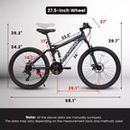 NAYSAYE Vélo VTT tout suspendu 27,5 pouces, 21 vitesses, avec double amortisseur pour hommes et femmes, noir, 68,1*27*39,7