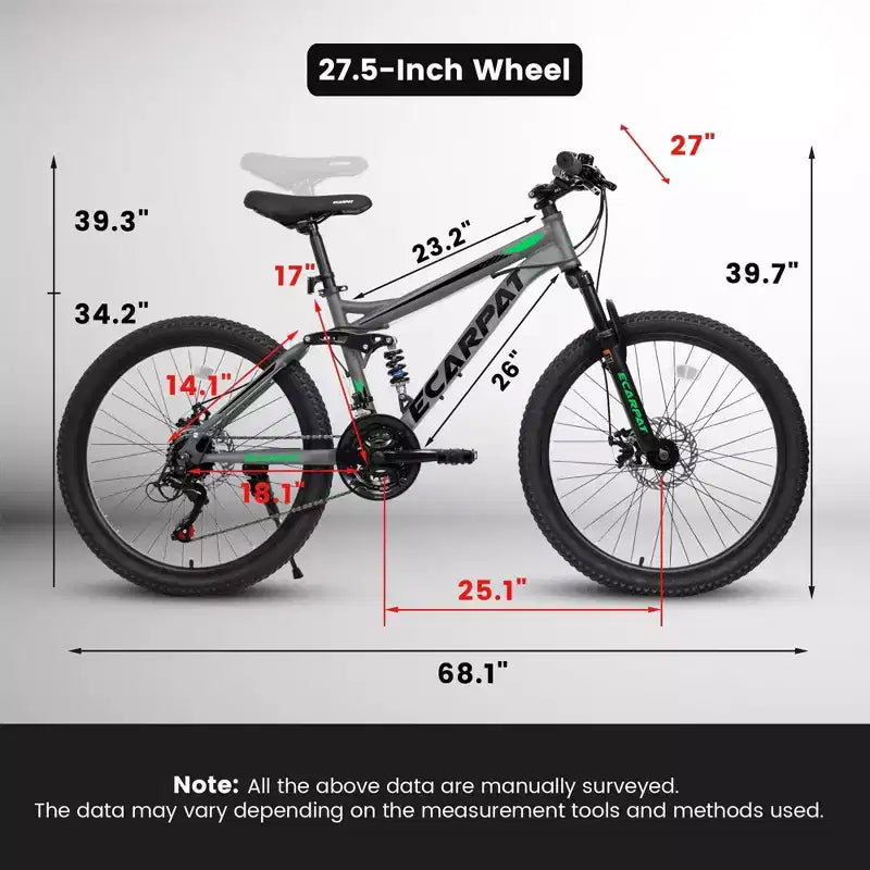 NAYSAYE Vélo VTT tout suspendu 27,5 pouces 21 vitesses avec double amortisseur pour hommes et femmes, Gris, 68.1*27*39.7