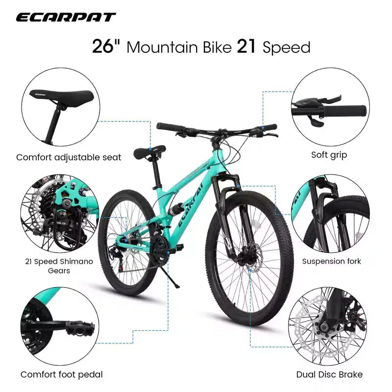 Vélo NAYSAYE VTT 26 pouces avec cadre en acier, fourche suspendue, 21 vitesses pour hommes et femmes, bleu, 68*27*38
