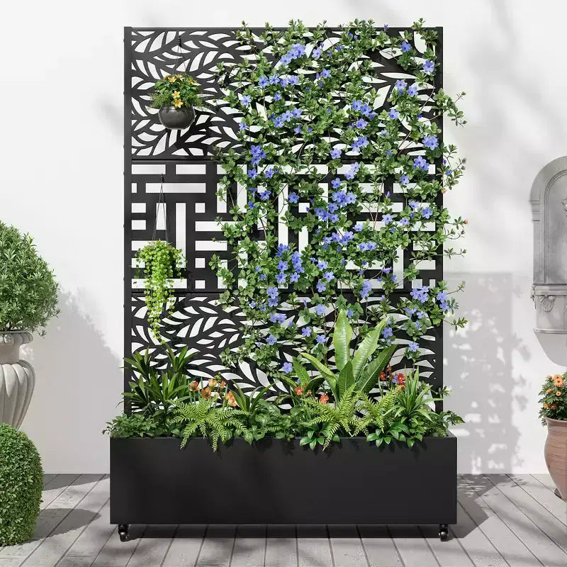 MAYEERTY Planter Box with Trellis Iron Black Spring Leaf 01 Louvered Classic Combined Style 72x47x16in 3-Piece Set