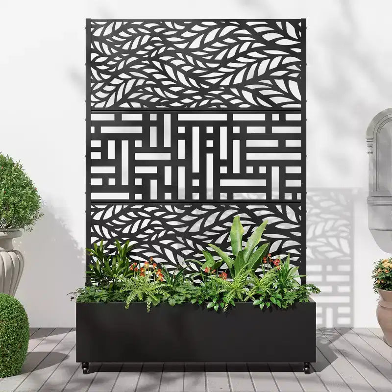 Jardinière MAYEERTY avec Treillis en Fer Noir Motif Feuille de Printemps 01 Style Classique Persienné Combiné 72x47x16po Ensemble de 3 Pièces