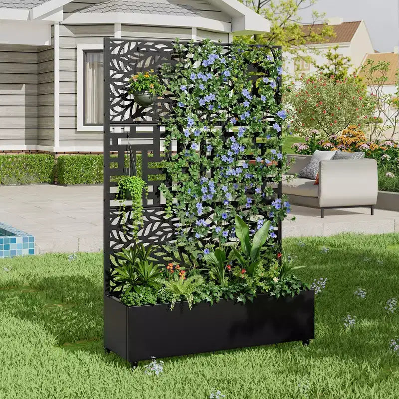 Jardinière MAYEERTY avec Treillis en Fer Noir Motif Feuille de Printemps 01 Style Classique Persienné Combiné 72x47x16po Ensemble de 3 Pièces