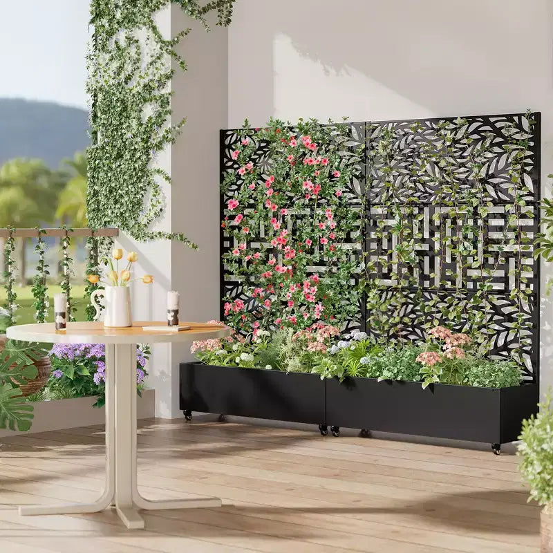 Jardinière MAYEERTY avec Treillis en Fer Noir Motif Feuille de Printemps 01 Style Classique Persienné Combiné 72x47x16po Ensemble de 3 Pièces