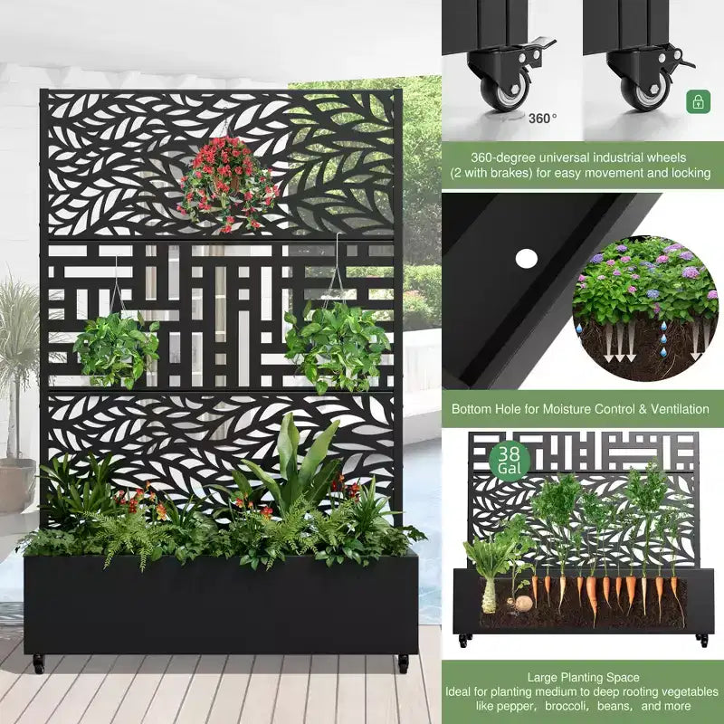 Jardinière MAYEERTY avec Treillis en Fer Noir Motif Feuille de Printemps 01 Style Classique Persienné Combiné 72x47x16po Ensemble de 3 Pièces