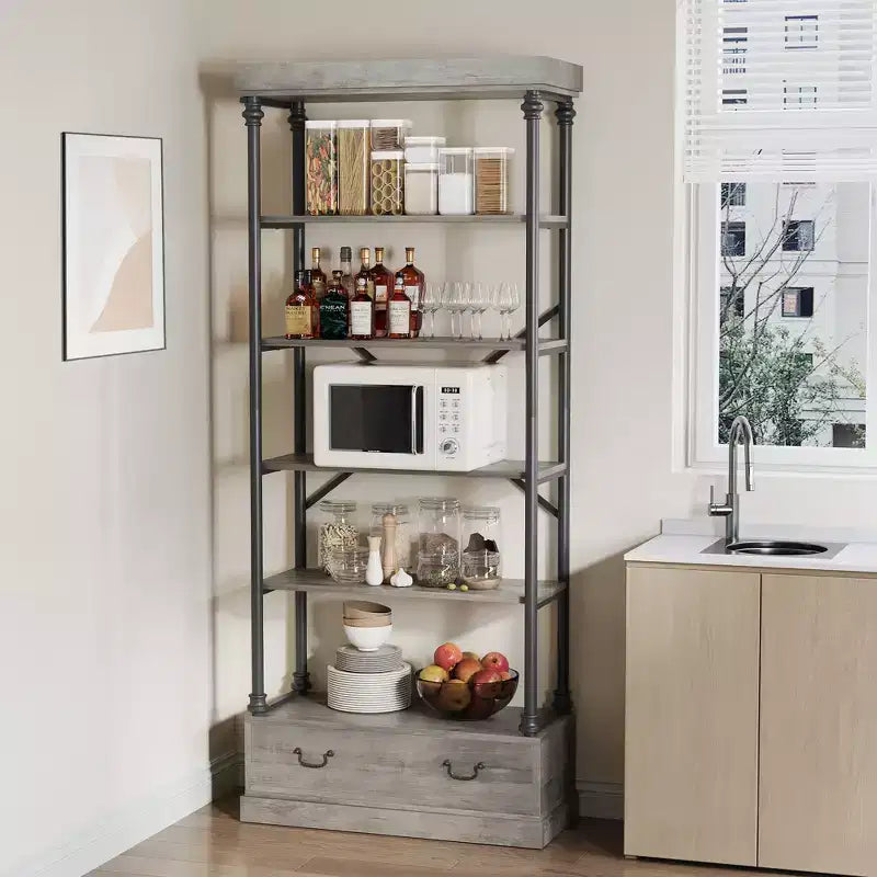 Étagère à livres à 6 niveaux avec tiroir de rangement, étagère en métal de 205 cm de hauteur, étagère de rangement ouverte pour salon, bureau, chambre à coucher, bibliothèque à domicile