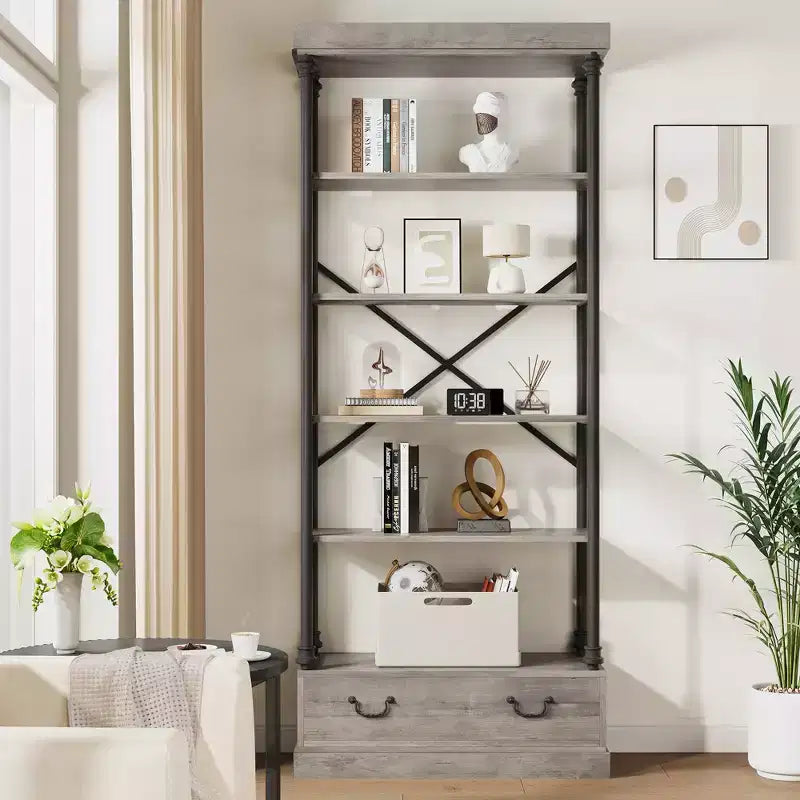 Étagère à livres à 6 niveaux avec tiroir de rangement, étagère en métal de 205 cm de hauteur, étagère de rangement ouverte pour salon, bureau, chambre à coucher, bibliothèque à domicile