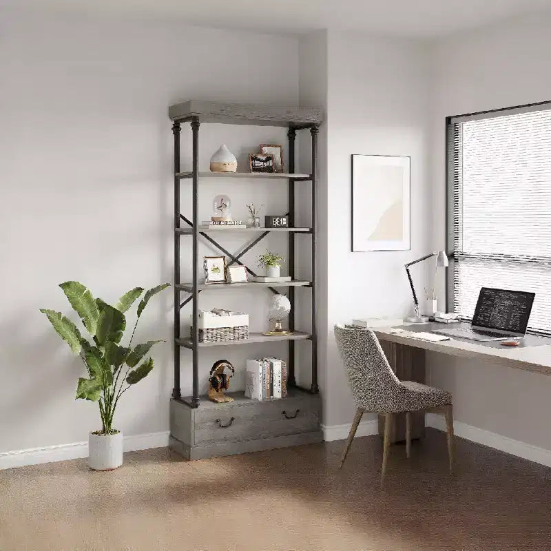Étagère à livres à 6 niveaux avec tiroir de rangement, étagère en métal de 205 cm de hauteur, étagère de rangement ouverte pour salon, bureau, chambre à coucher, bibliothèque à domicile
