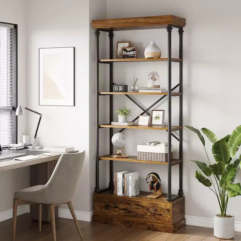 Étagère à livres à 6 niveaux avec tiroir de rangement, étagère en métal de 205 cm de hauteur, étagère de rangement ouverte pour salon, bureau, chambre à coucher, bibliothèque à domicile