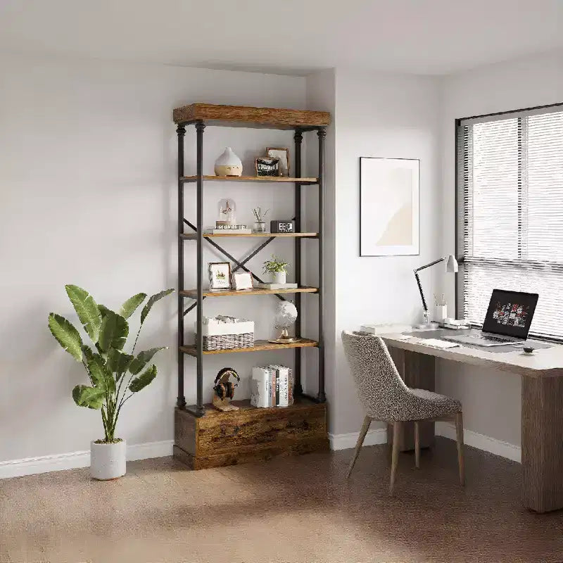 Étagère à livres à 6 niveaux avec tiroir de rangement, étagère en métal de 205 cm de hauteur, étagère de rangement ouverte pour salon, bureau, chambre à coucher, bibliothèque à domicile
