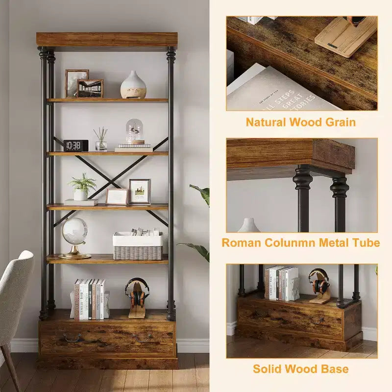 Étagère à livres à 6 niveaux avec tiroir de rangement, étagère en métal de 205 cm de hauteur, étagère de rangement ouverte pour salon, bureau, chambre à coucher, bibliothèque à domicile