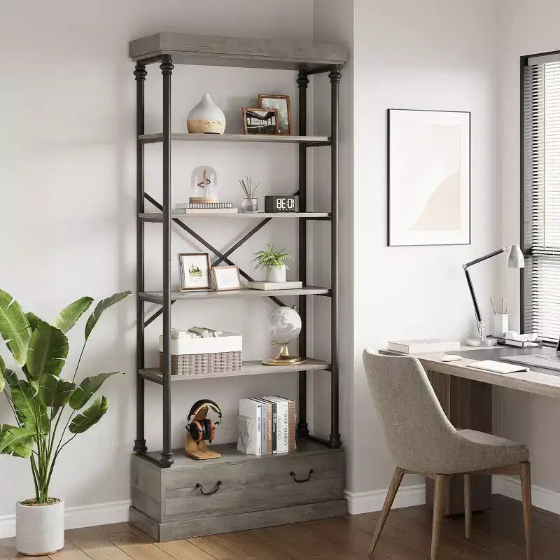 Étagère à livres à 6 niveaux avec tiroir de rangement, étagère en métal de 205 cm de hauteur, étagère de rangement ouverte pour salon, bureau, chambre à coucher, bibliothèque à domicile