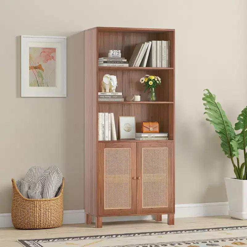 MAYEERTY Bibliothèque à 5 niveaux avec portes en rotin - Étagères hautes de présentation pour bureau à domicile et chambre à coucher (Noir)
