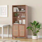MAYEERTY Bibliothèque à 5 niveaux avec portes en rotin - Étagères hautes de présentation pour bureau à domicile et chambre à coucher (Noir)