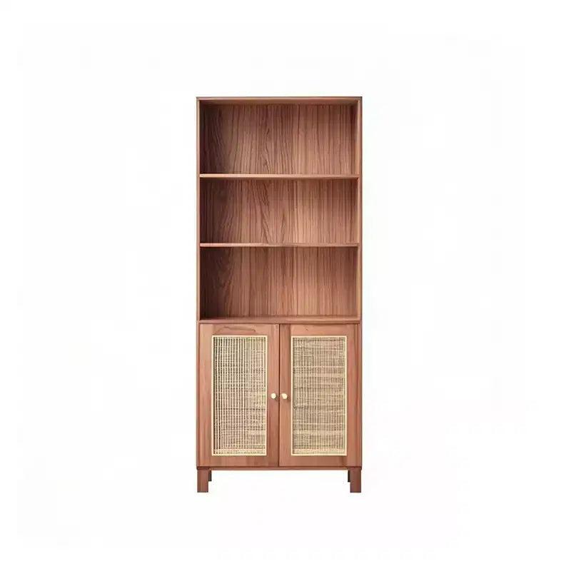 MAYEERTY Bibliothèque à 5 niveaux avec portes en rotin - Étagères hautes de présentation pour bureau à domicile et chambre à coucher (Noir)