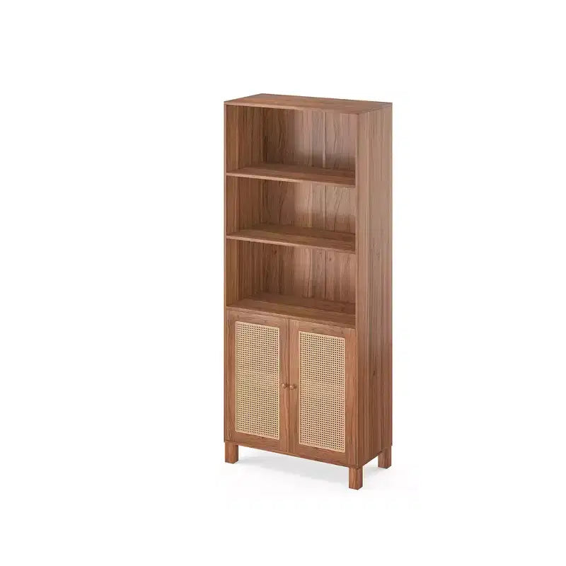 MAYEERTY Bibliothèque à 5 niveaux avec portes en rotin - Étagères hautes de présentation pour bureau à domicile et chambre à coucher (Noir)